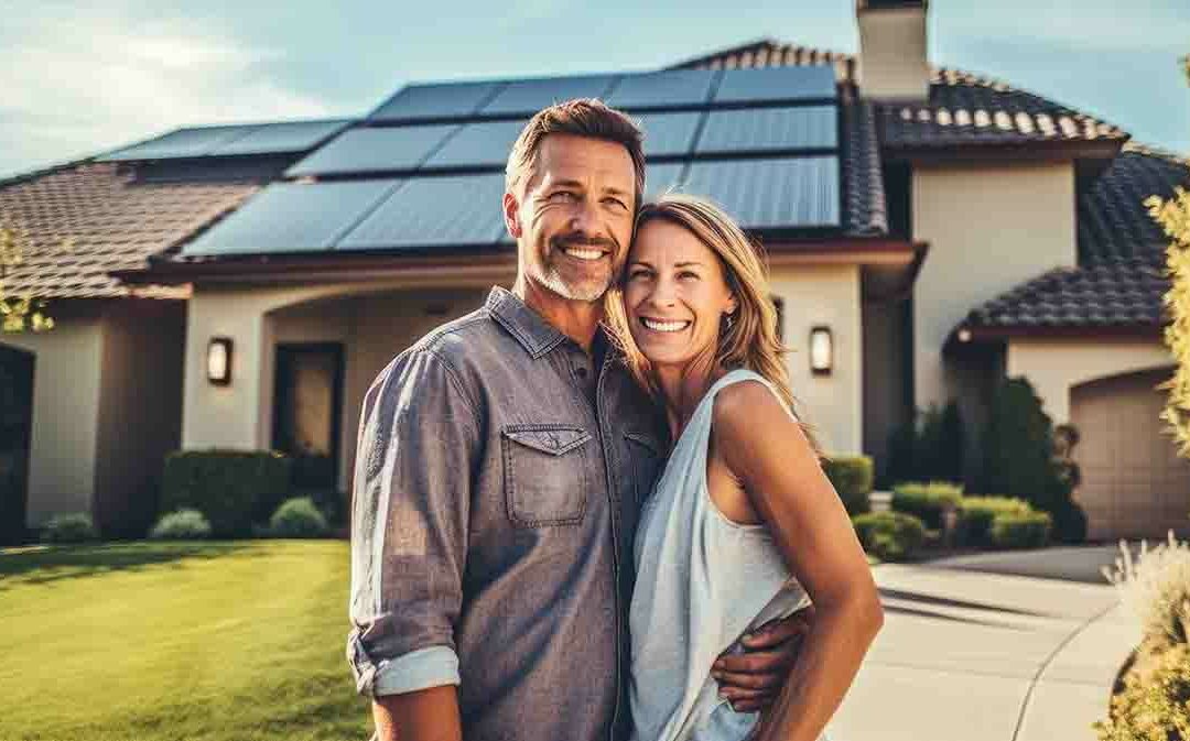 A happy couple stands smiling in the driveway