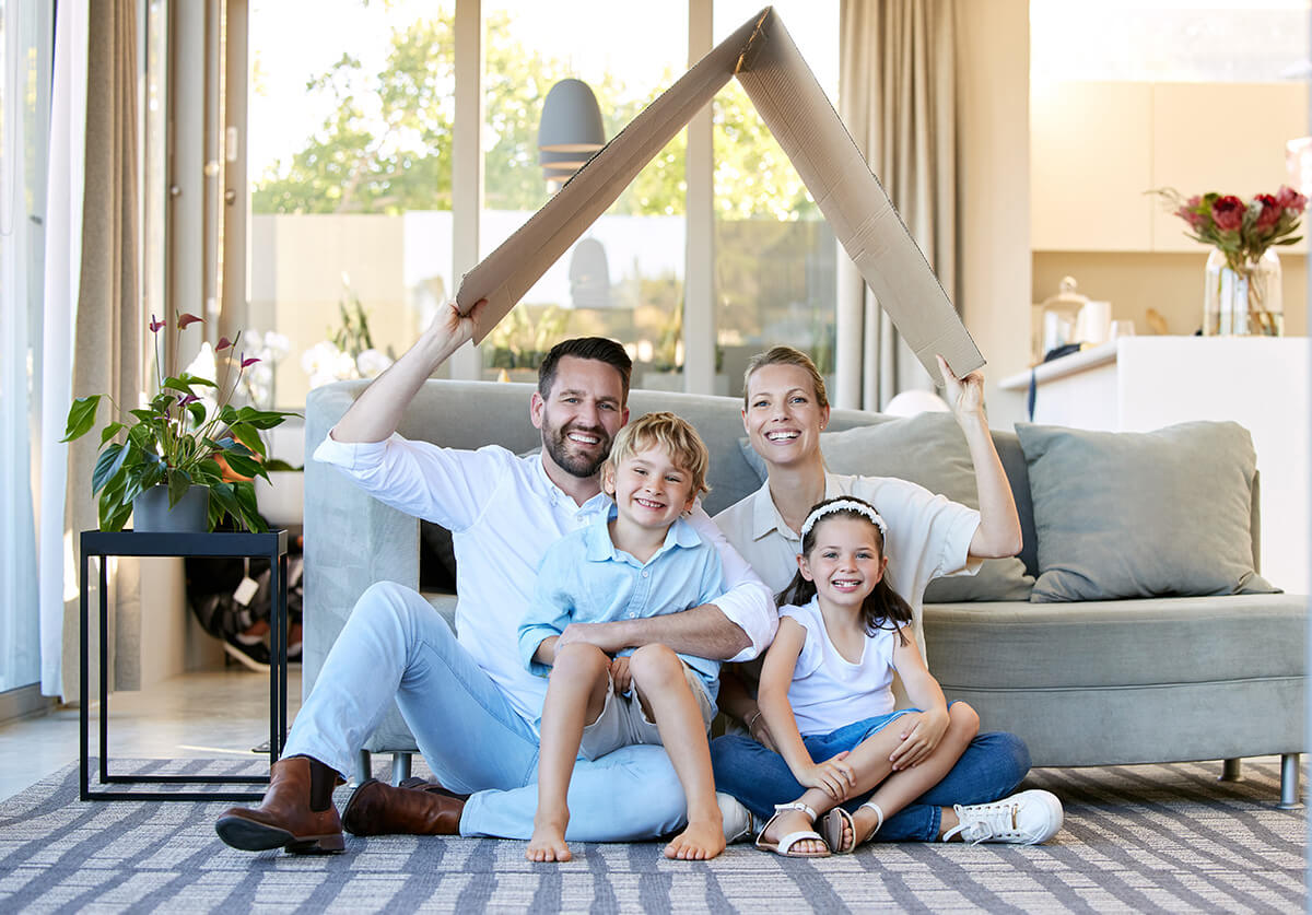 Family, life insurance and happy in home with roof