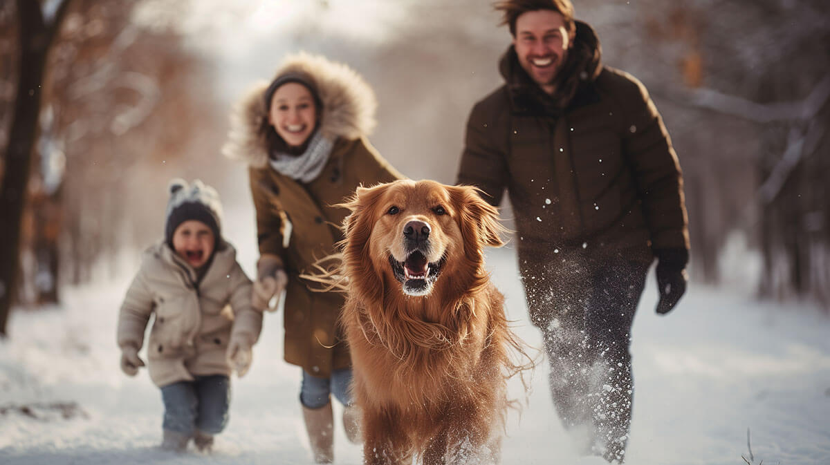 Happy family walking their pet golden retriever