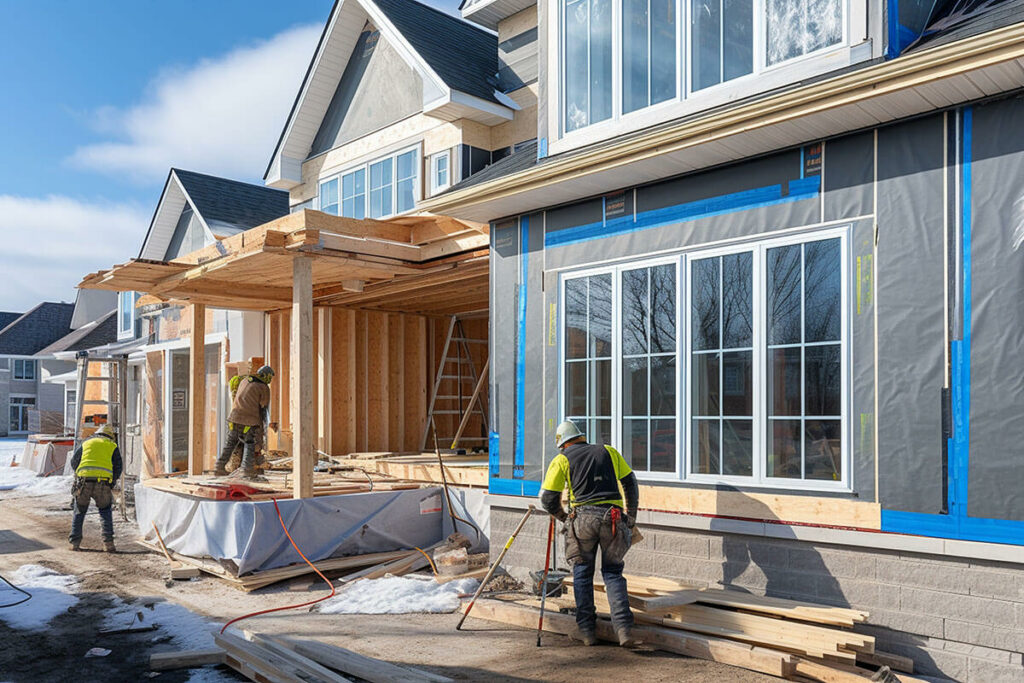 a team of workers is building a house